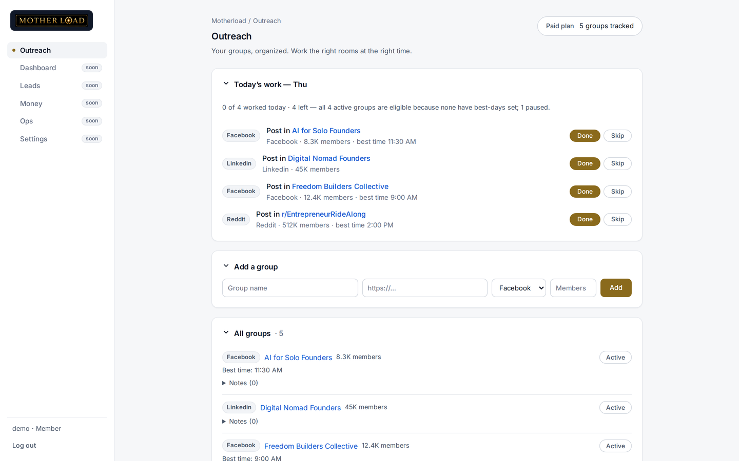 The Motherload outreach board — your rooms and today’s queue
