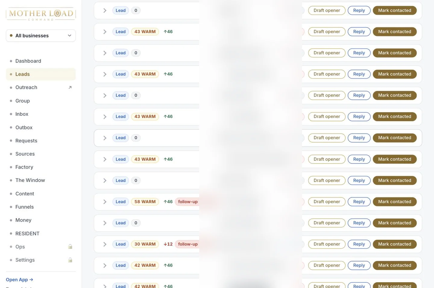 SIGNAL scores every lead — WARM tier chips shown live, lead names blurred for privacy