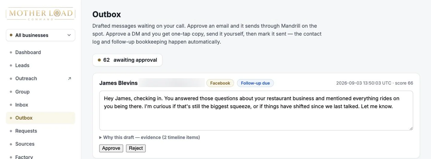 The Outbox — a drafted follow-up ready to approve and send, one click from sent