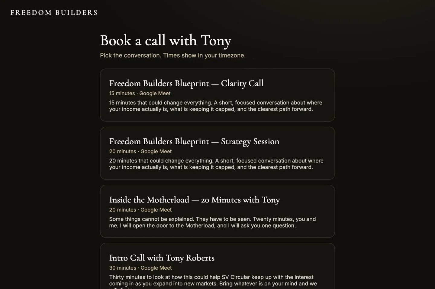 Book a call with Tony — real availability, straight onto the calendar