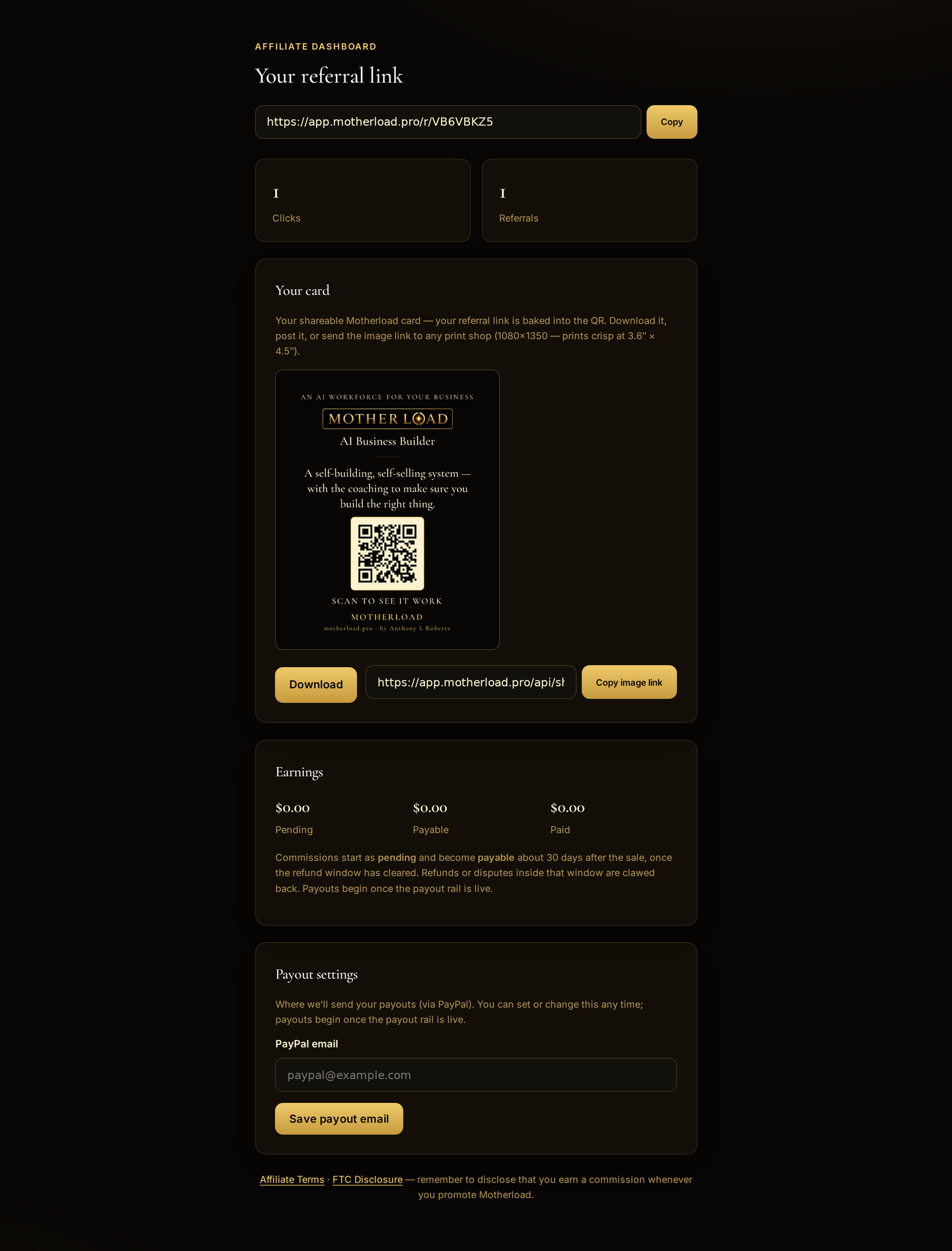 The affiliate dashboard — a referral link and a shareable card, ready to send